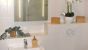 Dusche, Haartrockner, Handtücher, Seife