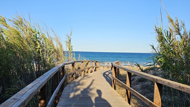 A wooden boardwalk leading to a beach with clear skies.