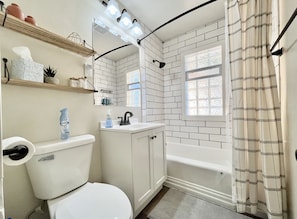 Hair dryer, towels, soap, shampoo