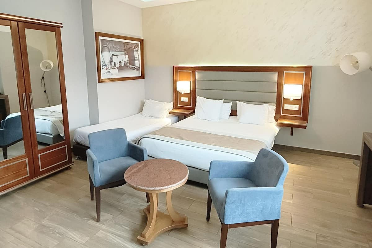 A hotel room with a bed, two armchairs, a small round table, a wardrobe, and a mirror.