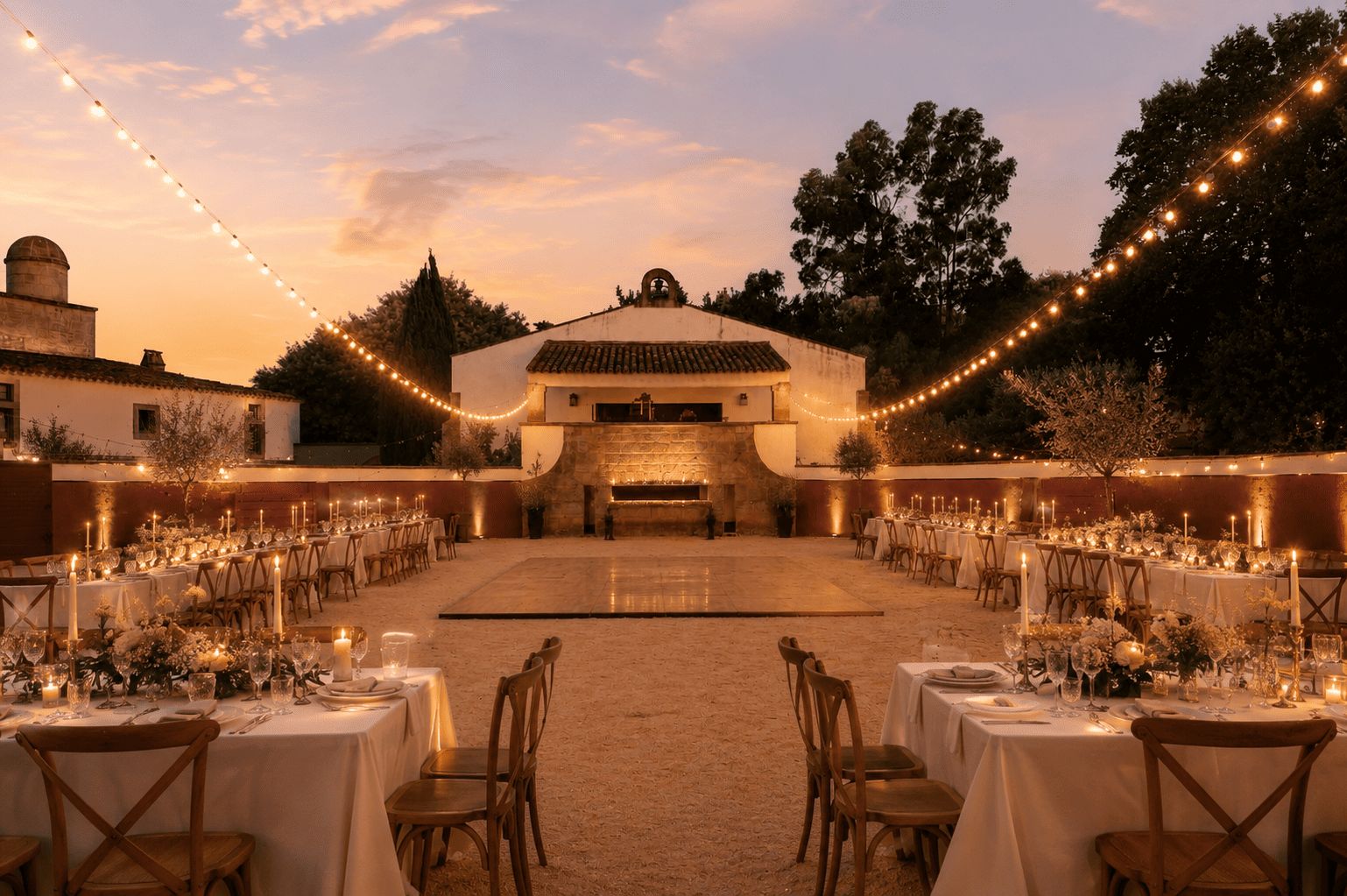 An outdoor dining area with tables set for a meal, string lights, and a stone building in the background.