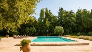 A rectangular swimming pool with a tiled deck, surrounded by lush greenery and trees. - Mas des Bécasses in Provence 22 pax (Arles)