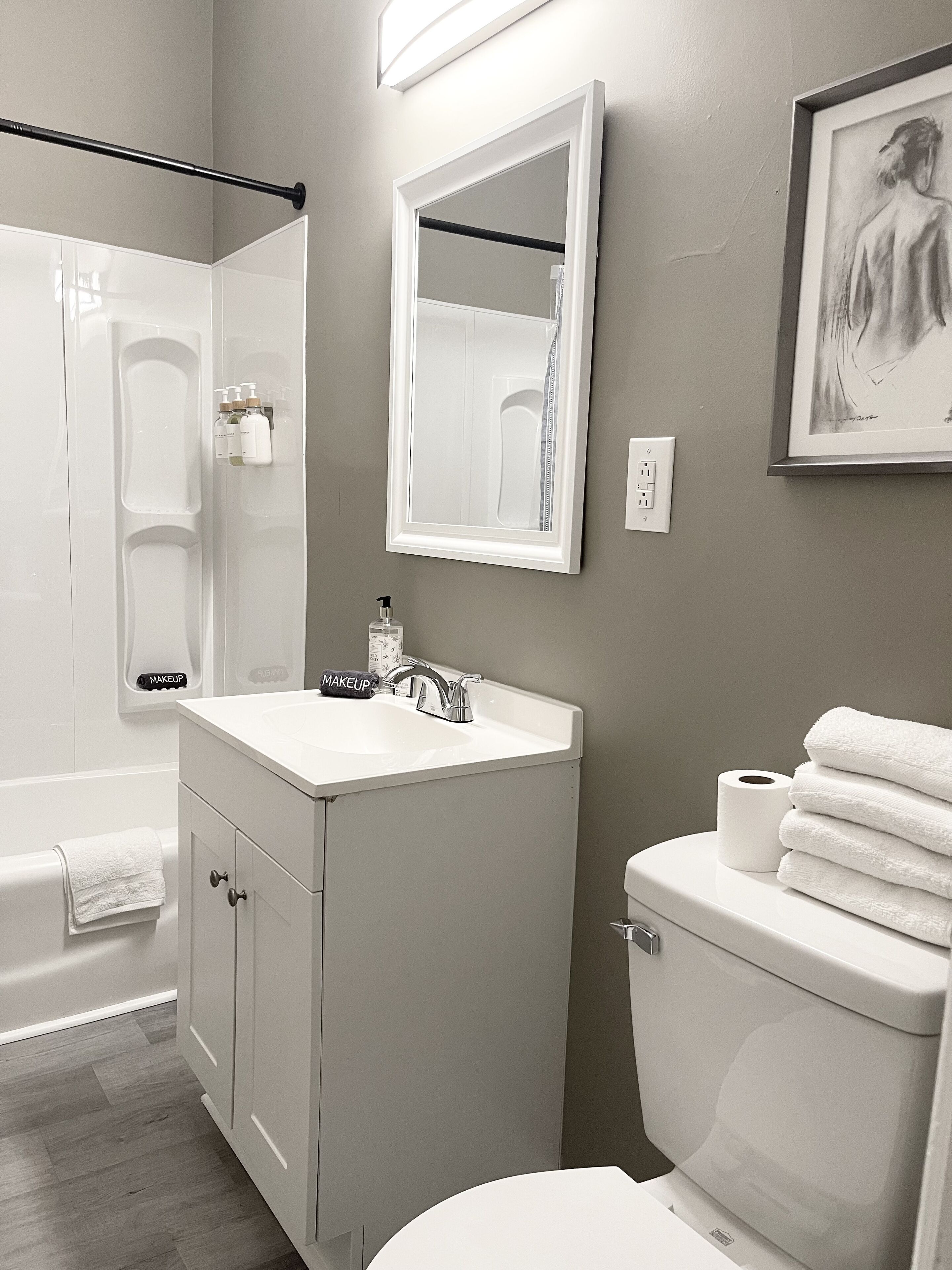 Hair dryer, towels, soap, shampoo