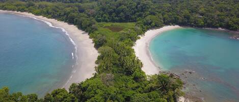 Vista aérea de una playa tropical con dos líneas costeras curvas, zonas boscosas densas y aguas turquesas cristalinas.