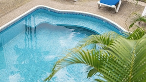 A swimming pool with clear blue water, surrounded by a tiled edge and palm plants. - Inn on the Park (Quepos)