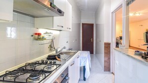 Cocina estrecha con estufa a gas, un lavamanos y una pequeña encimera. Hay una puerta que da a otra habitación.