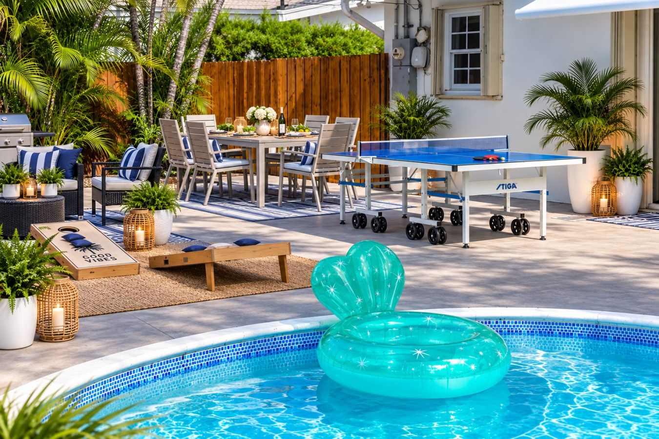Un área de piscina con un flotador inflable, mesa de ping pong y mobiliario exterior.