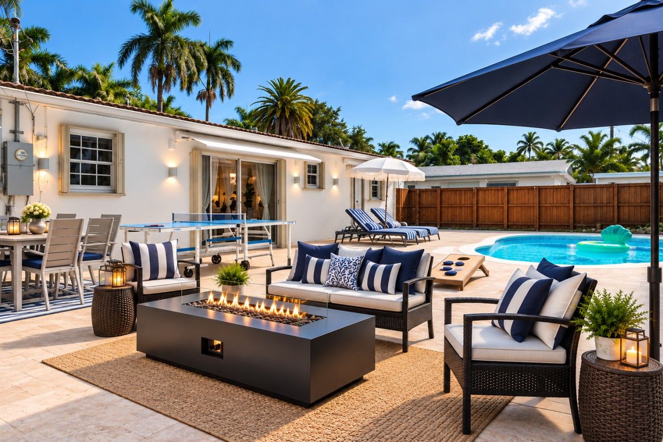 An outdoor patio with a fire pit, lounge chairs, and a pool.