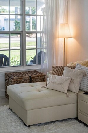 Smart TV, fireplace, video games, DVD player