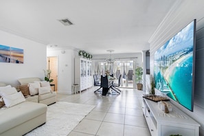 Smart TV, fireplace, video games, DVD player