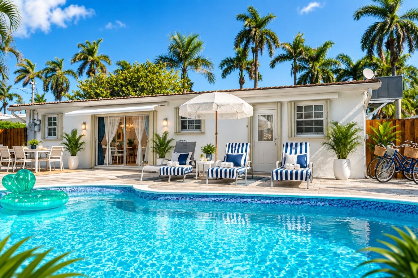 A poolside area with lounge chairs, a pool, and a building with a tiled roof.