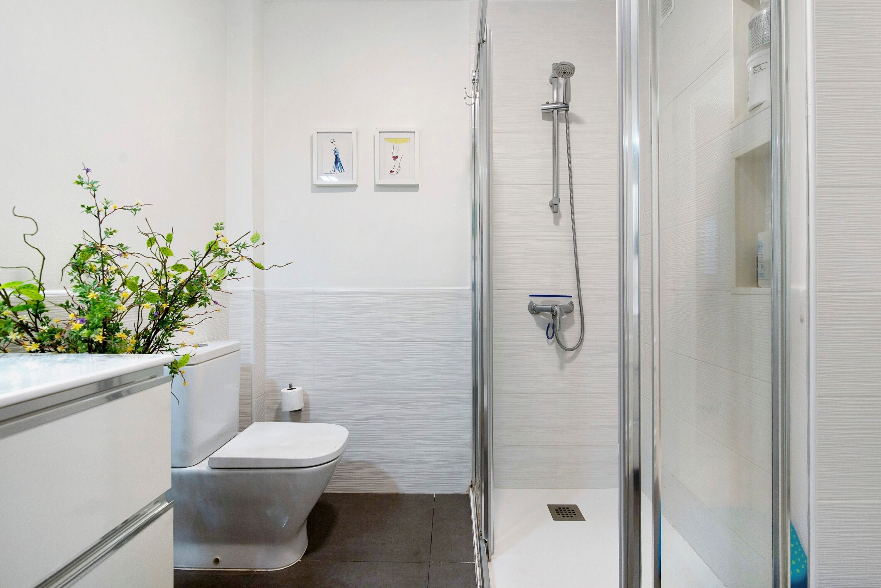 A modern bathroom with a toilet, shower, and two framed pictures on the wall.