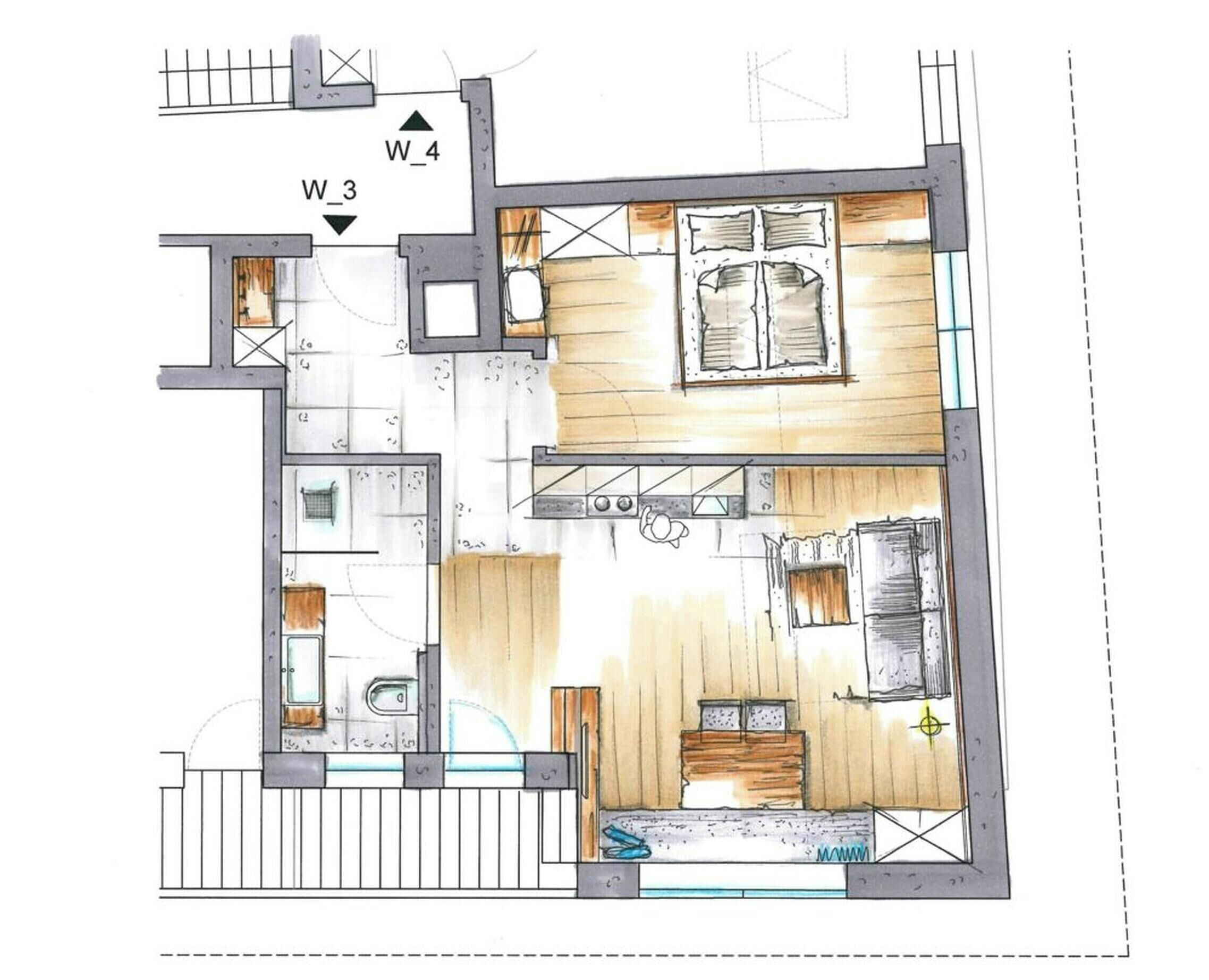 A floor plan of a residential building with a kitchen, dining area, living room, and two bedrooms.