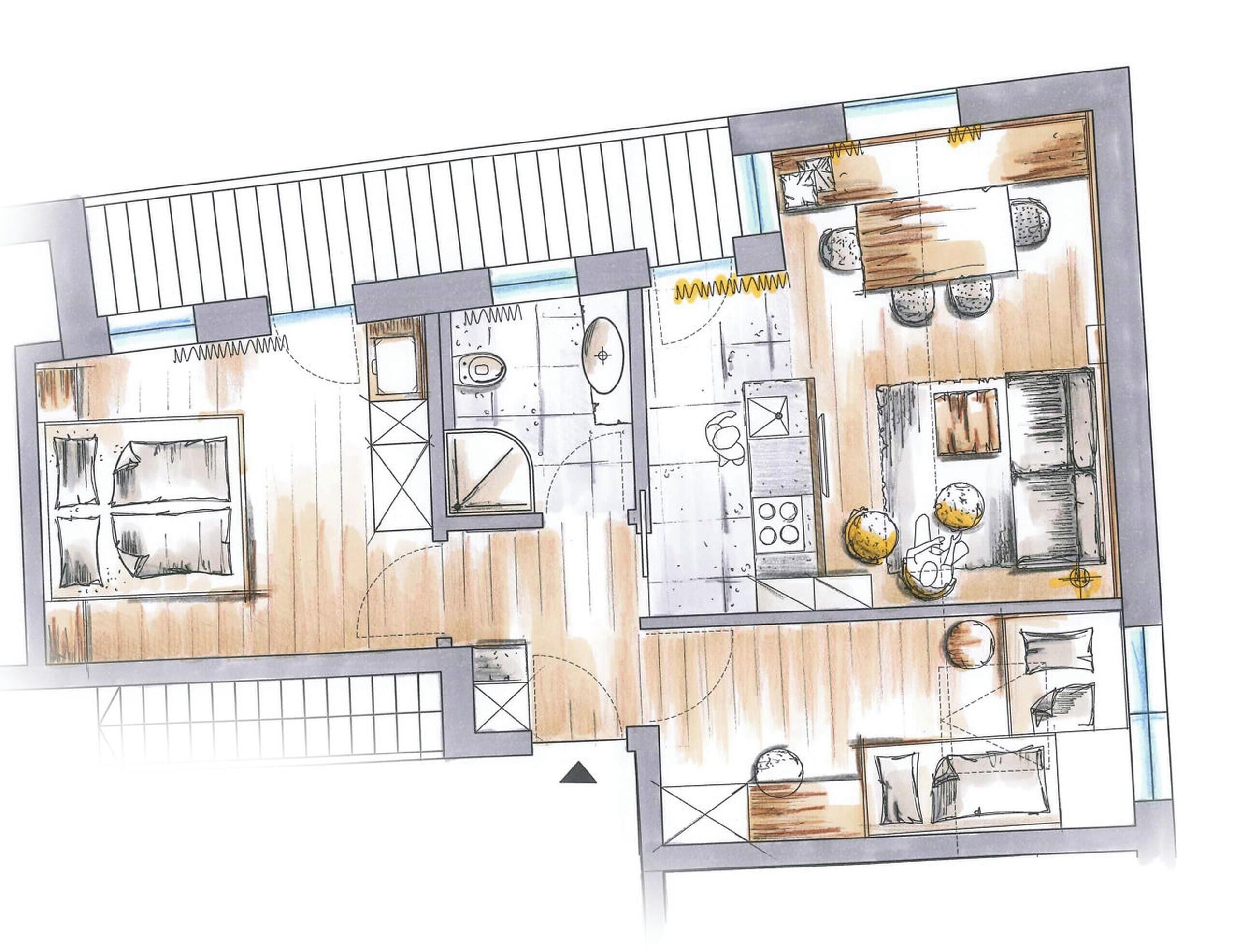 Plano de planta de un hotel que incluye cocina, comedor y espacios de sala separados.