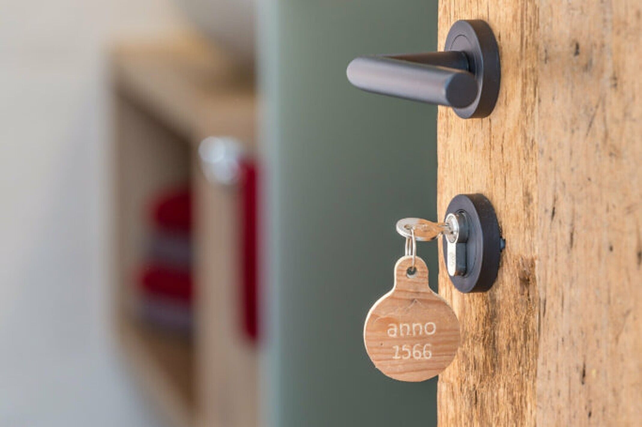A wooden door with a metal handle and a keyhole.