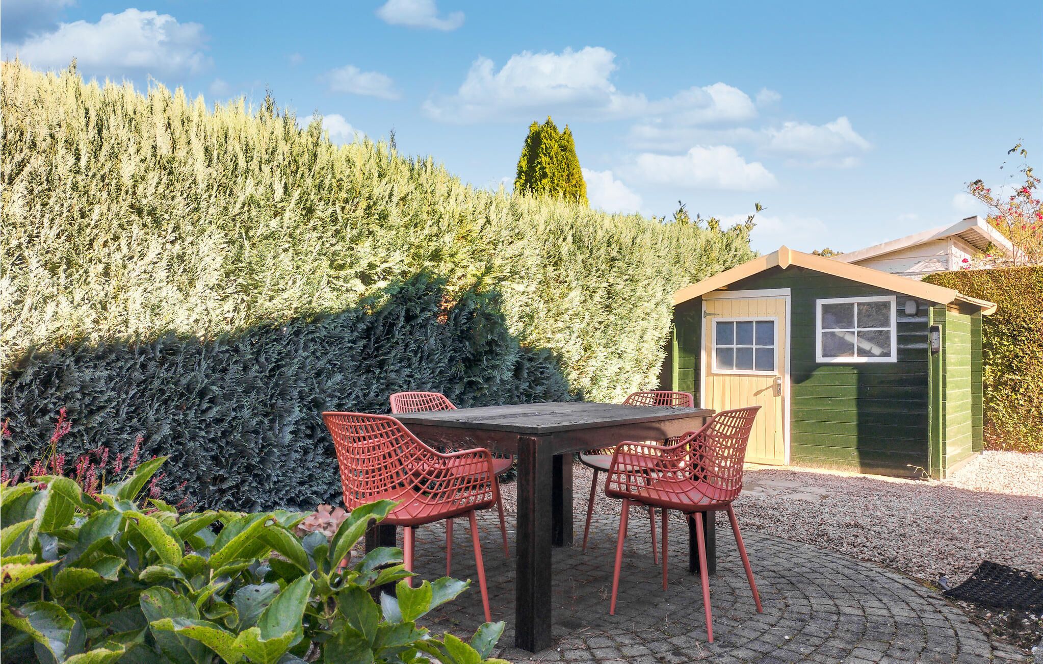 A patio with a table and chairs, a small shed, and a dense hedge in the background.