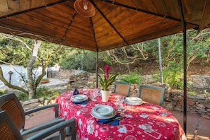 Un espace extérieur aménagé pour les repas, avec une table en bois couverte, des chaises et un pot de fleurs.