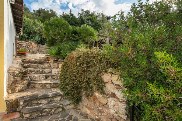 A stone staircase leading to a building with a yellow exterior, surrounded by lush greenery and a stone wall.
