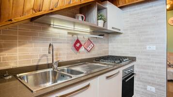 Een koelkast, een magnetron, een oven, een kookplaat