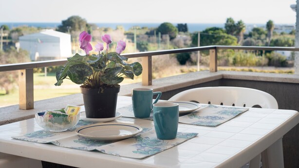 Un balcon avec une table dressée pour deux personnes, un pot de fleurs et une vue sur le paysage.