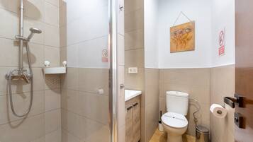 Un bany amb dutxa, vàter, rentapèns i paperera.