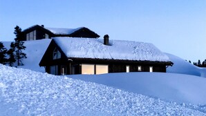 A snow-covered house with a sloped roof and large windows, surrounded by a snowy landscape.