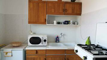 Kühlschrank, Mikrowelle, Herdplatte, Wasserkocher mit Kaffee-/Teezubehör