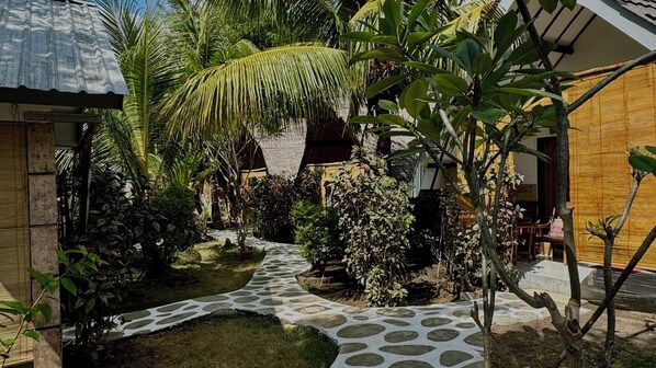 A tropical garden with a stone pathway leading to a building with a corrugated metal roof. - Nelly Homestay (Gili Air)