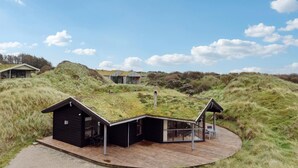 A modern, black-roofed cabin with a glass extension, surrounded by grassy hills and clear skies. - Beautiful home in Saltum (Saltum)