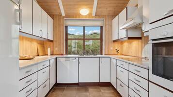 Fridge, stovetop, dishwasher, coffee/tea maker