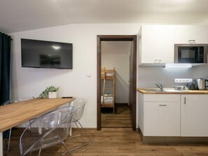 Fridge, microwave, cookware/dishes/utensils