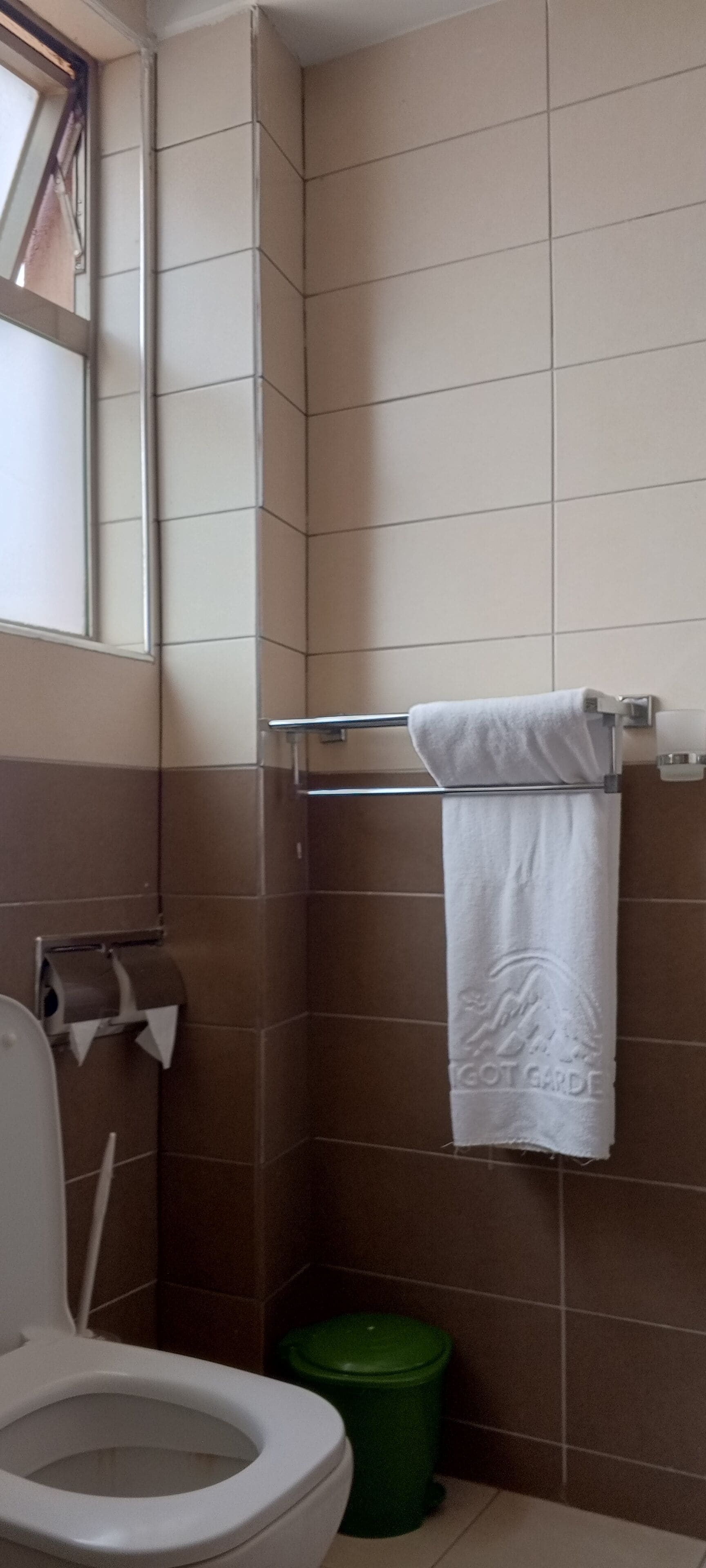 Een badkamer met een toilet, een groene prullenbak en een handdoek aan een rek.
