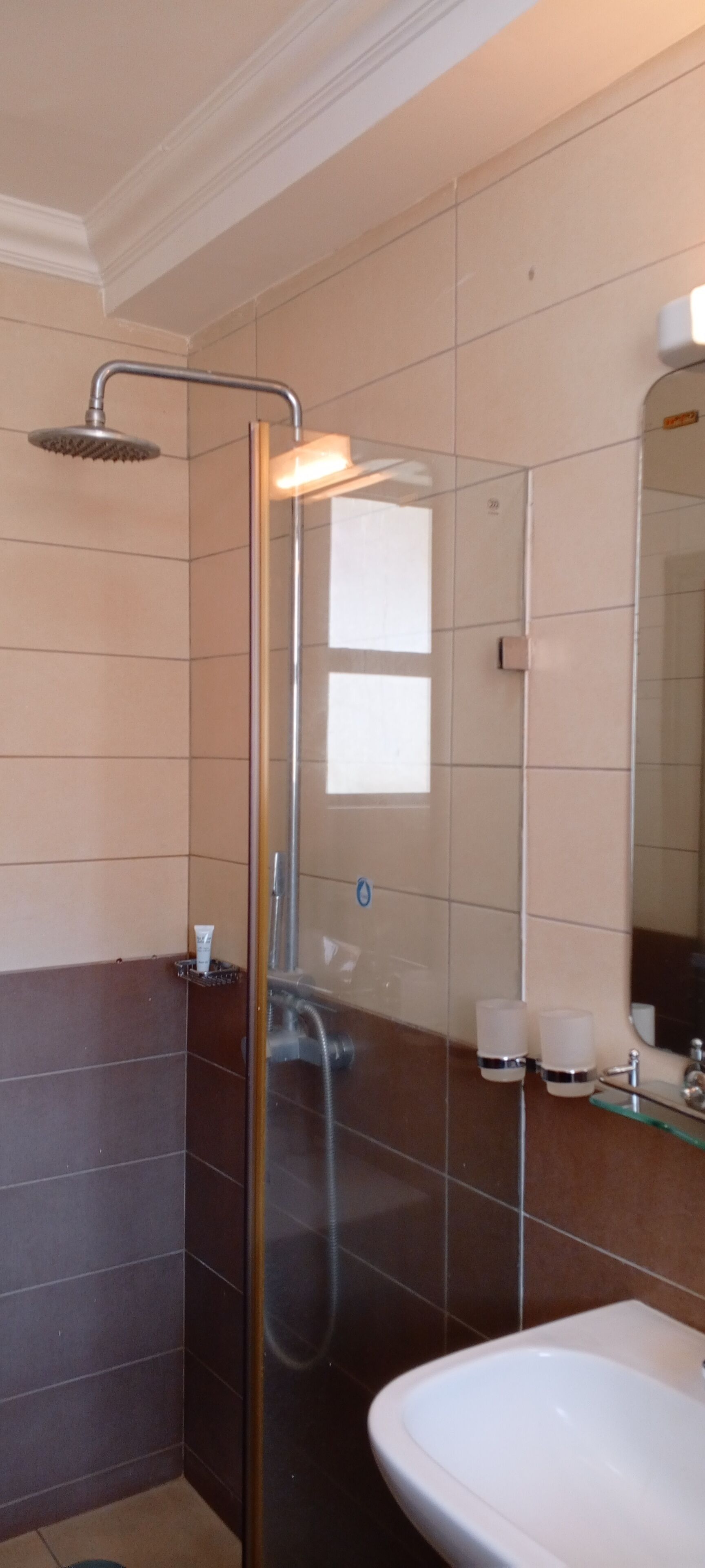 Une salle de bain avec une douche à parois de verre, un lavabo et un miroir.
