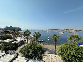 Un puerto deportivo con barcos, palmeras y un gran crucero amarrado.