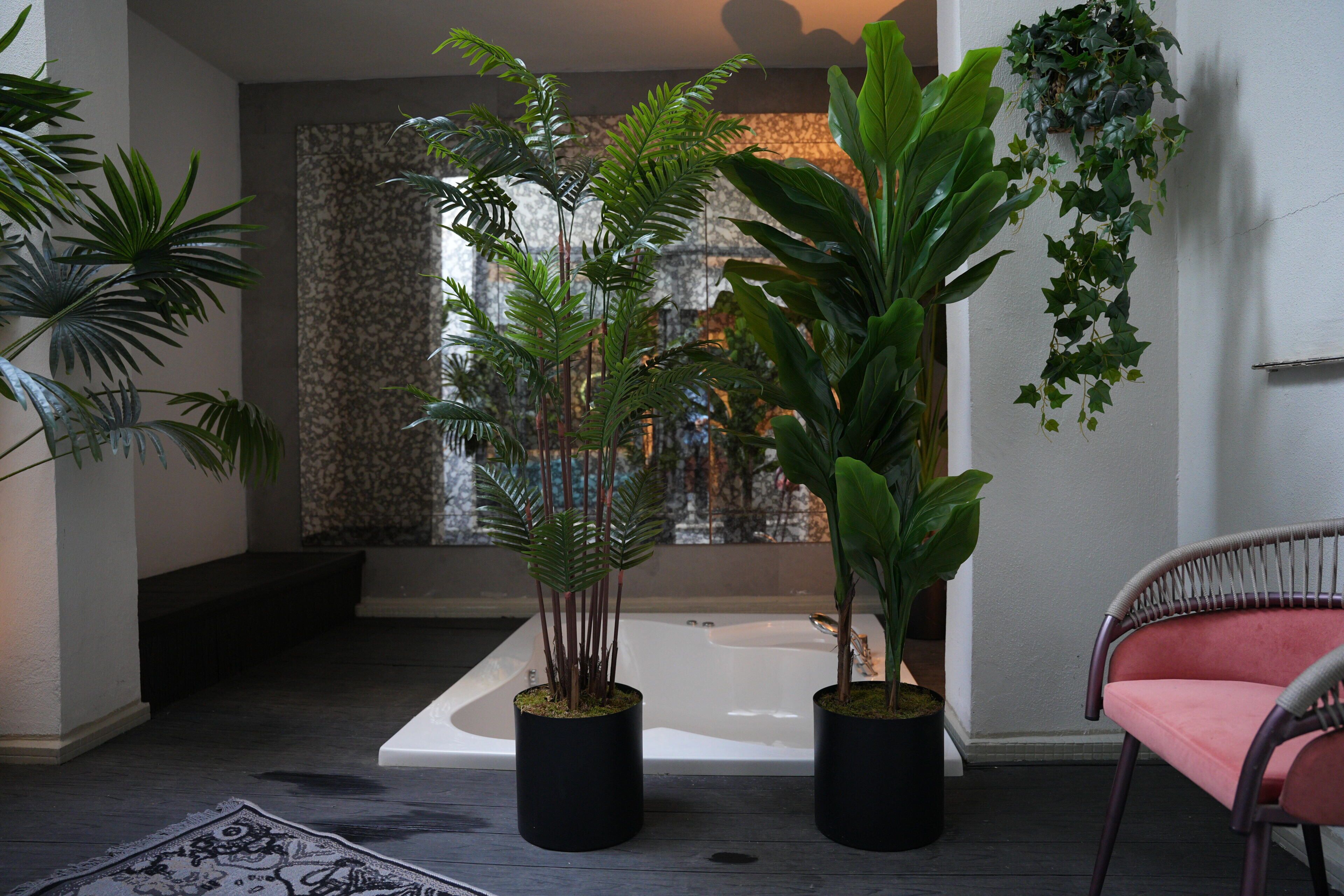 Un baño con una bañera, dos plantas en macetas, una silla y un felpudo estampado.