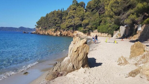 A beach with clear blue water, rocky formations, and dense trees. - Villa in Gaou with Sea View and Beach (Bormes-les-Mimosas)