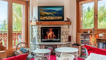 Télévision, cheminée, lecteur de DVD