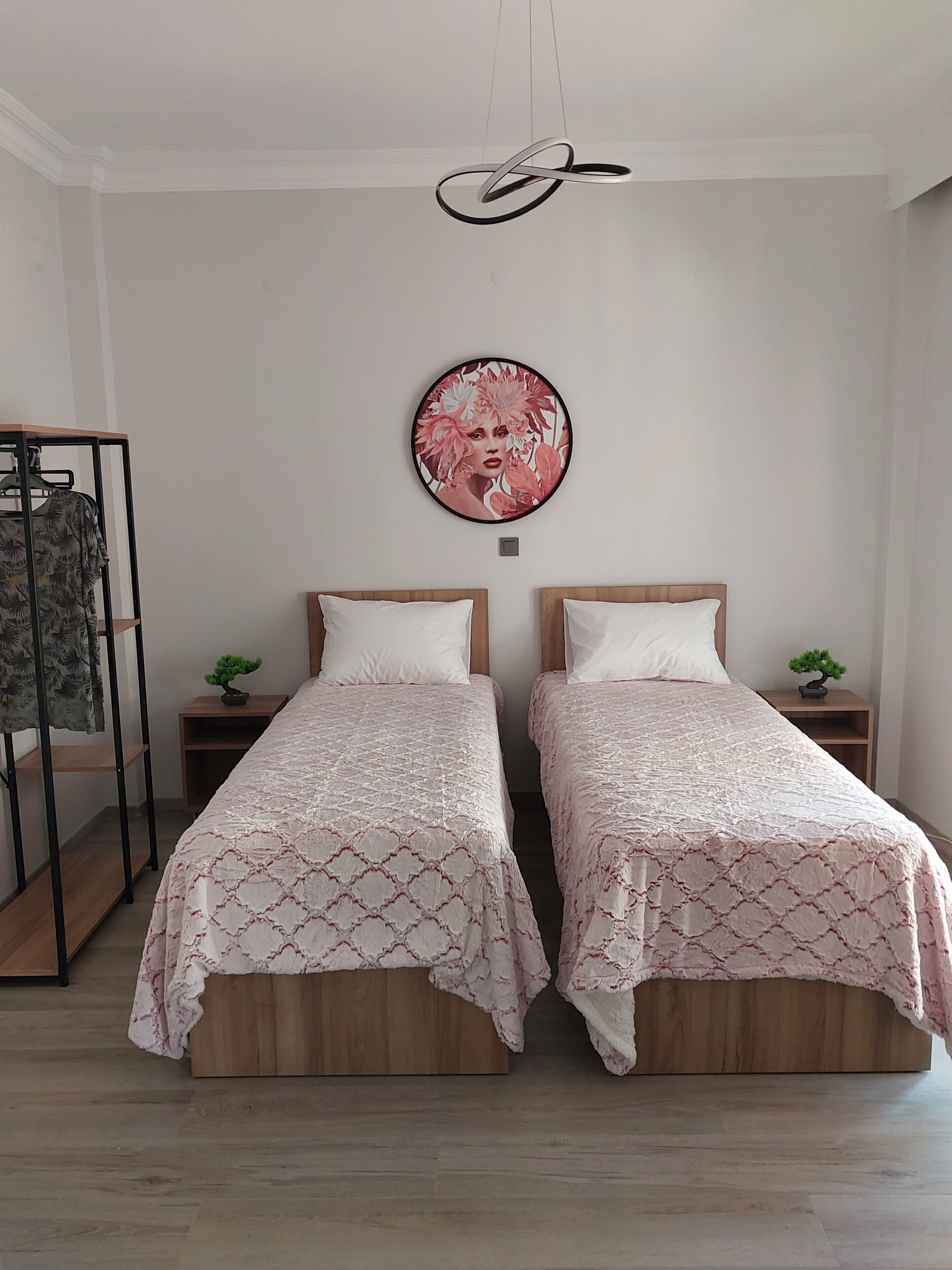 Habitación con dos camas, cabecera de madera, un cuadro redondo en la pared, un perchero y una planta pequeña sobre la mesita de noche.