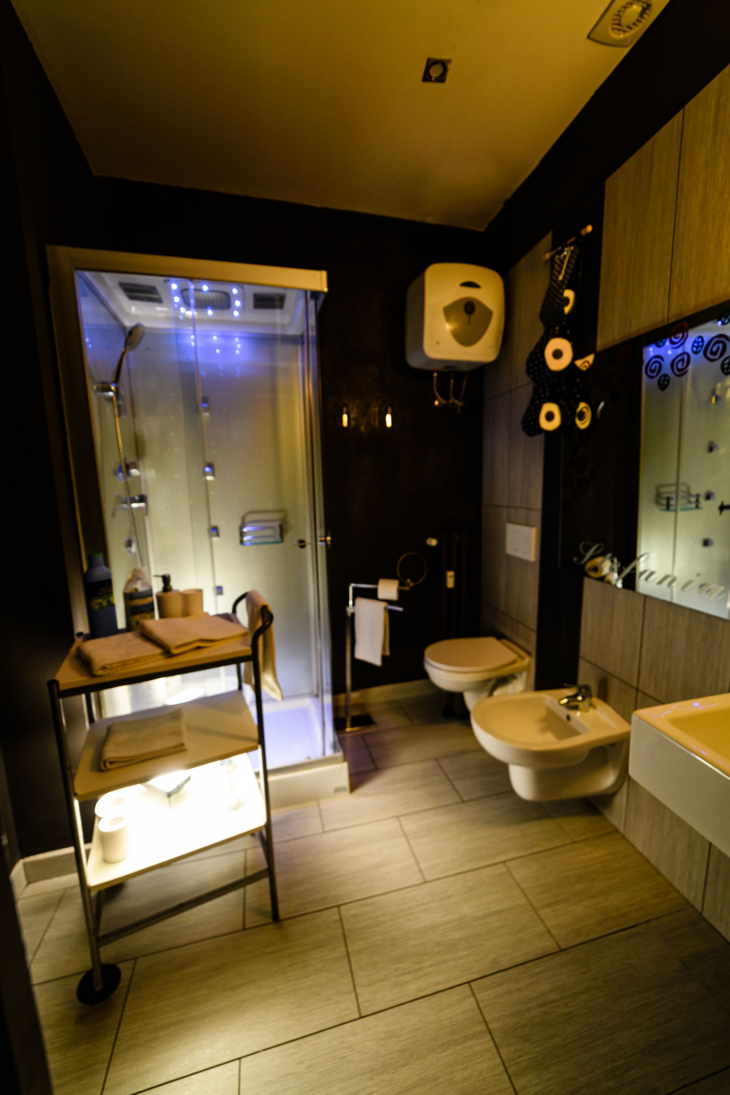 Een douche, een haardroger, een bidet, handdoeken