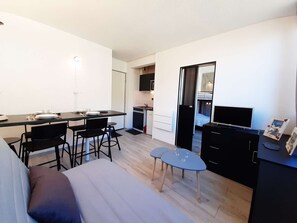 A compact living space with a kitchenette, a dining area, a sofa, and a TV.