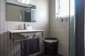 Shower, hair dryer, towels