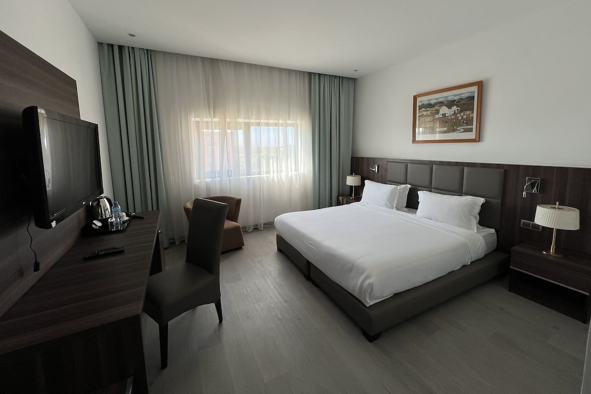 Una habitació d'hotel amb un llit gran, una escriptori amb televisió, una cadira, una tauleta de nit amb una làmpada i un quadre a la paret.