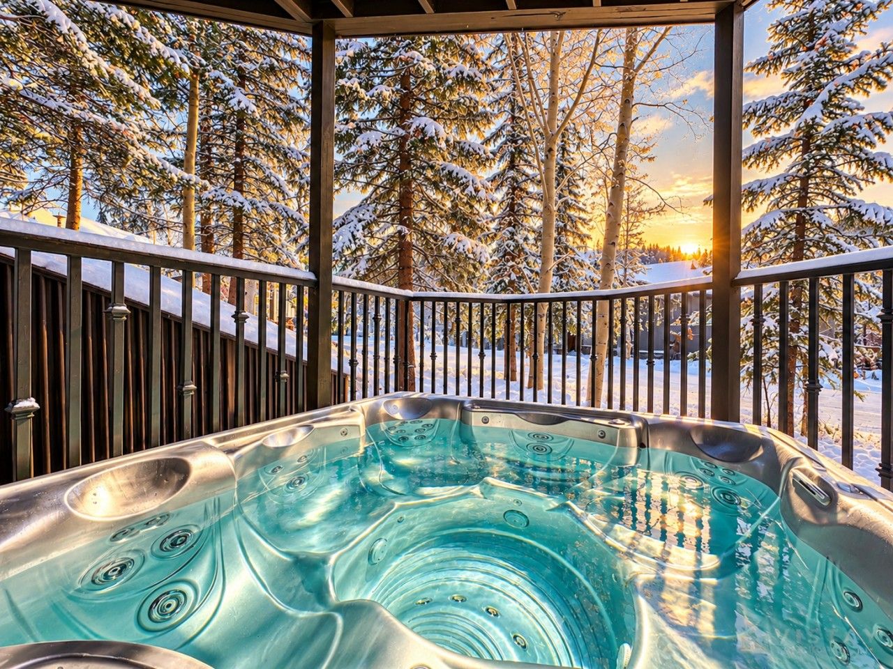 A hot tub with a view of snow-covered trees and a sunset.