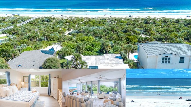 Une propriété située en bord de mer, offrant une vue sur la plage, un grand salon avec une baie vitrée et une chambre avec vue sur l’océan.
