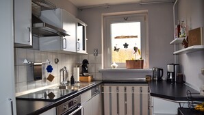 A compact kitchen with modern appliances, a window with a view, and a small shelf with items. - Familienfreundliche Ferienwohnung in Wernigerode, mit Eigenem Garten (Wernigerode)