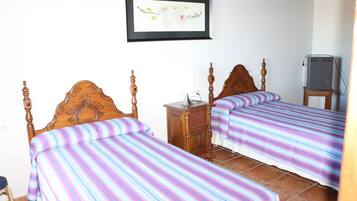 A room with two wooden beds with striped bedding, a small wooden nightstand, a framed picture on the wall, and a television on a stand.