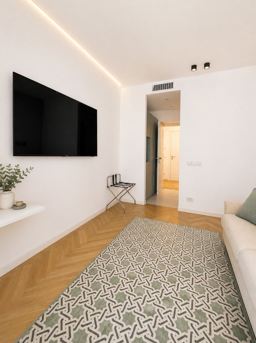 A modern living room with a flat-screen TV mounted on the wall, a patterned rug, a white sofa, and a small plant on a shelf.