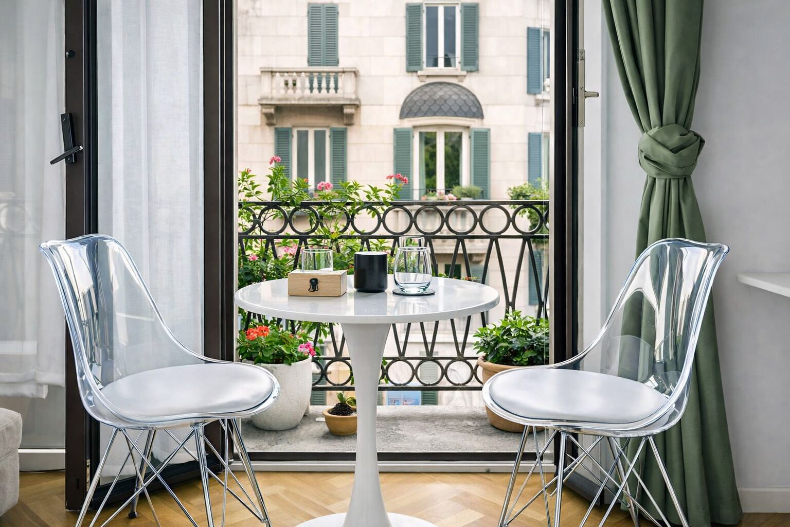 A balcony with a table and two chairs, a view of buildings, and a curtain.