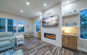 Smart TV, fireplace, video games, table football