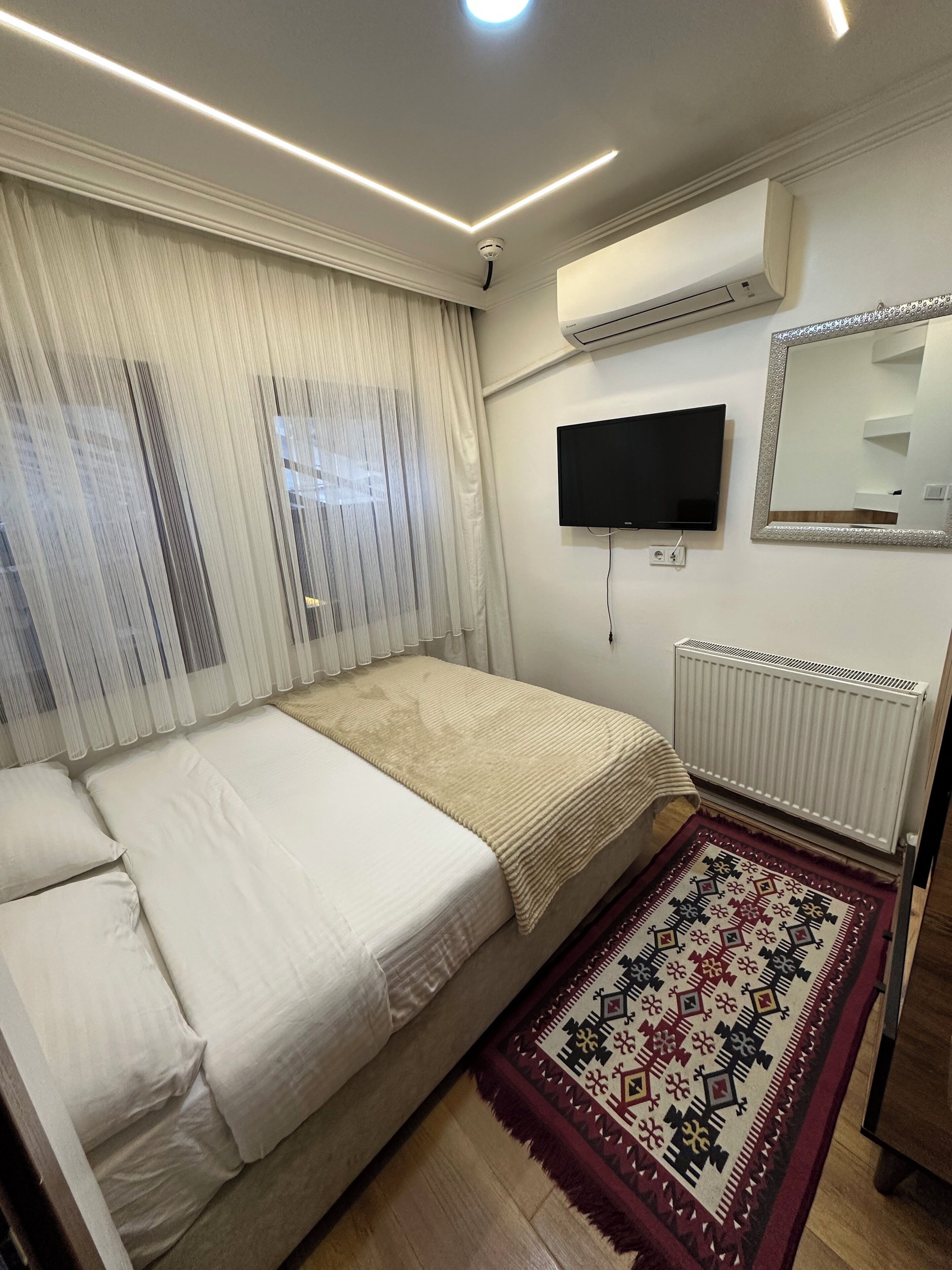 A bedroom with a bed, a TV, an air conditioner, a radiator, and a patterned rug.
